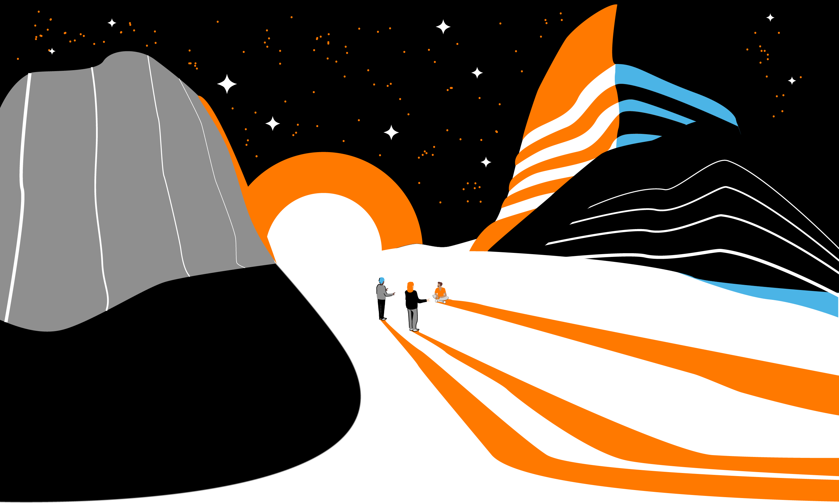 Illustration de montagnes, d'un soleil et de trois personnes 