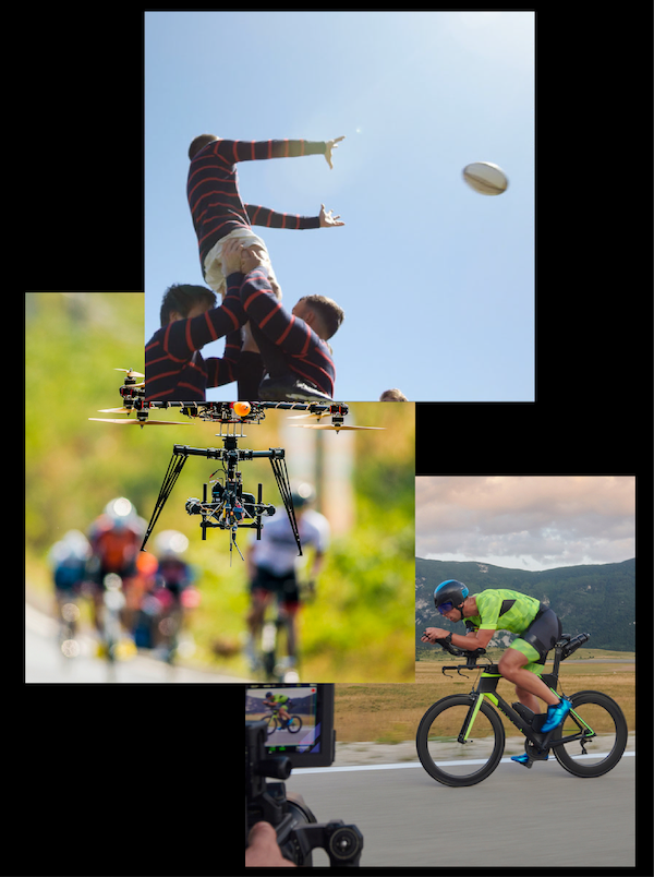 Photo d'un drone, d'un rugbyman et d'un cycliste
