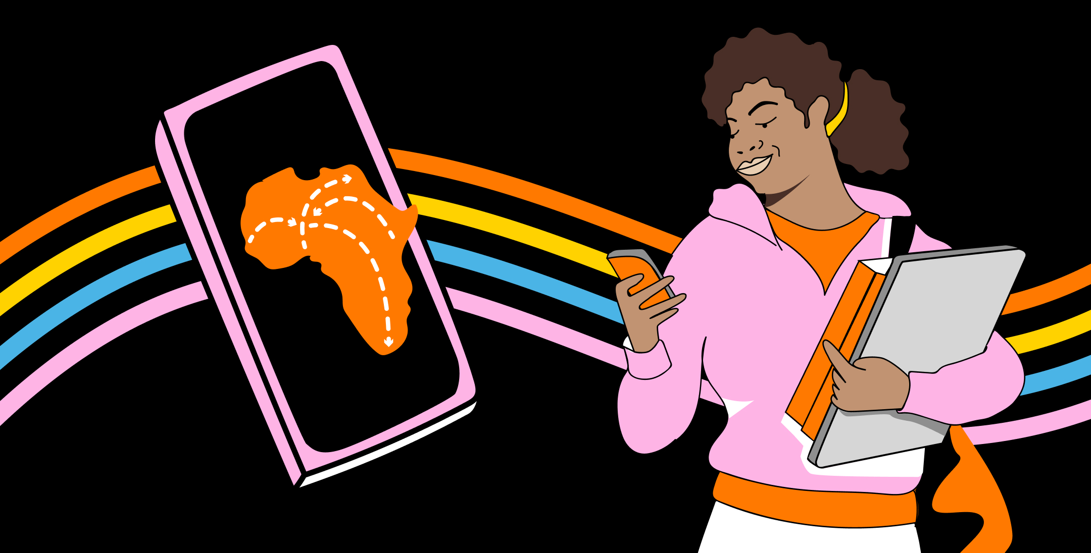 Illustration d'une femme regardant son téléphone avec à côté d'elle un grand téléphone avec la carte de l'Afrique dedans