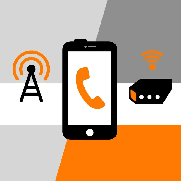 Illustration d'un poteau électrique, d'un téléphone et d'une box pour symboliser la wifi