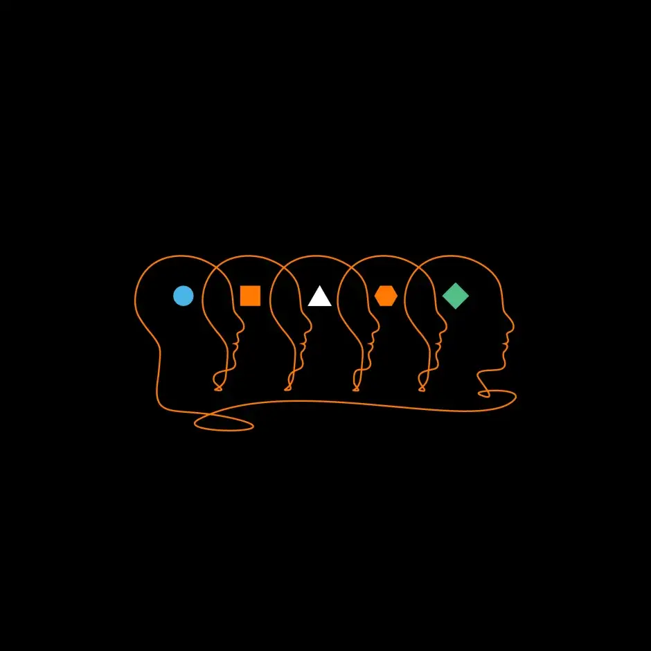 illustration fond noir avec 5 profils différents dessinés par un trait orange