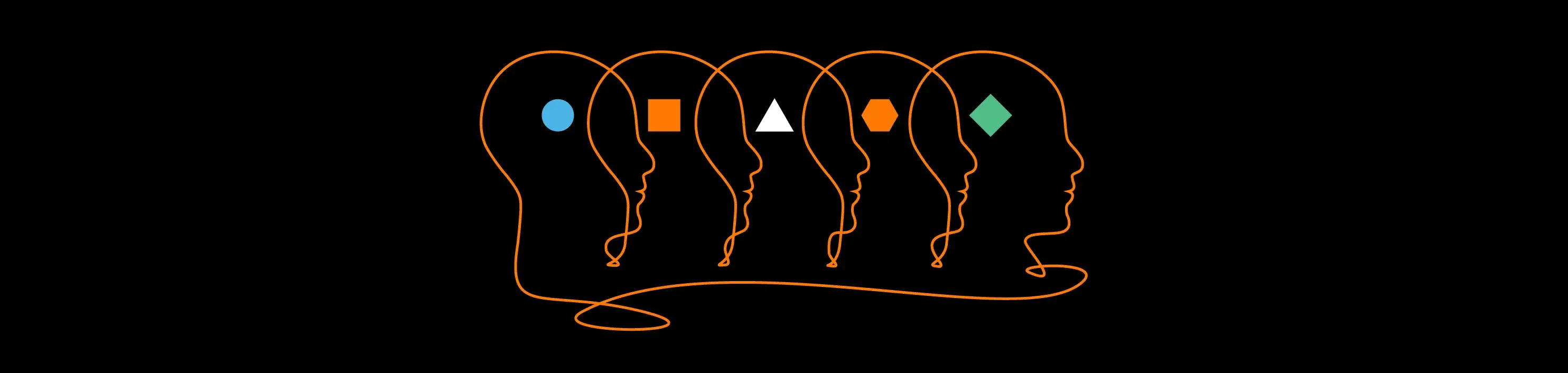 illustration fond noir avec 5 profils différents dessinés par un trait orange
