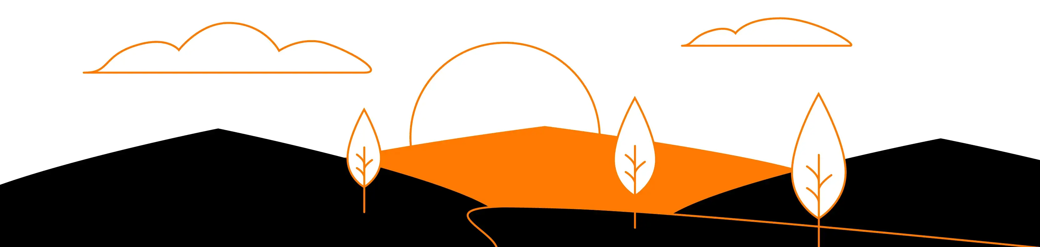 Illustration d'un horizon avec des montagnes, un soleil, des nuages et des arbres