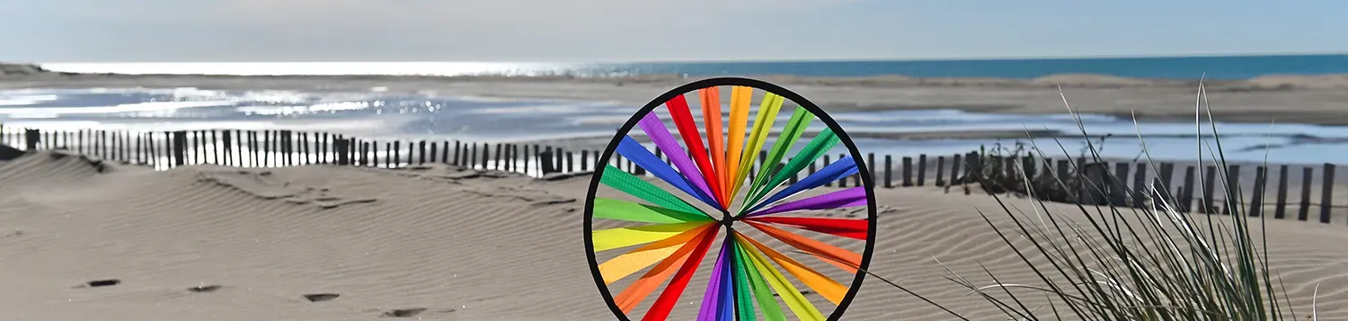 Un jouet éolienne planté sur la plage